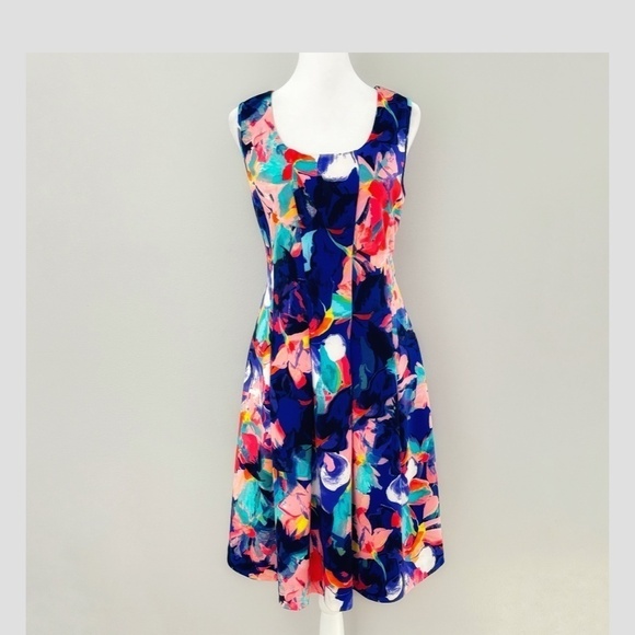 Neiman Marcus Dress Fit And Flare Mini Dress Sleeveless Watercolor Stretch Knit - Picture 12 of 12